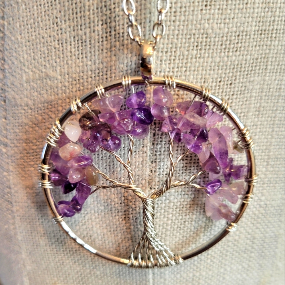 Amethyst tree of life necklace silver tone chain and wire